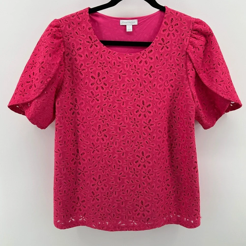 Charter Club Hot Pink Floral Lace Petal Sleeve Blouse Large Barbiecore Coquette